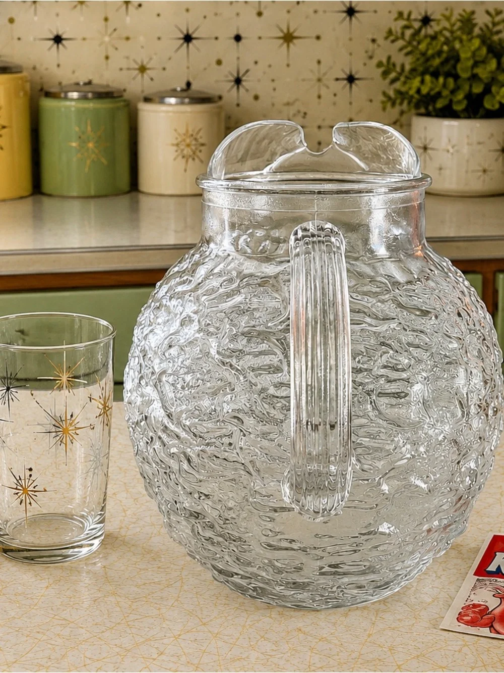 Vintage Anchor Hocking Milano Lido Clear Crinkle Glass Ball Pitcher MCM